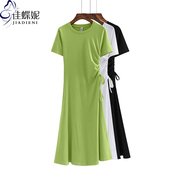 夏季韩版圆领纯白修身抽绳显瘦绿色简约长款短袖连衣裙女装