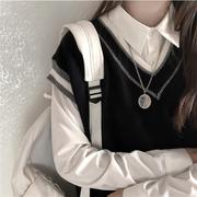 两件套装春秋女生学院风针织毛衣外搭叠穿马甲背心+衬衫