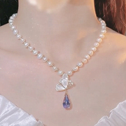 春夏简约时尚淡水珍珠项链小众设计感超仙蝴蝶短款锁骨链颈链