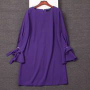 外贸单夏季(单夏季)女装紫色，连衣裙时尚简约宽松直筒圆领长袖系带裙子