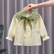 女童衬衫春季宝宝娃娃领纯色开扣衬衣童装小女孩洋气翻领上衣