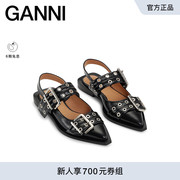 明星同款GANNI 黑色复古皮革带扣露跟芭蕾鞋单鞋 S1958099