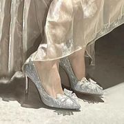 法式高跟鞋女2023银色婚鞋水钻蝴蝶结尖头公主18岁成人礼单鞋