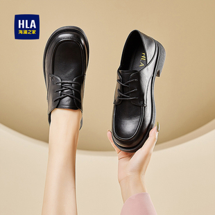 HLA/海澜之家软底复古系带小皮鞋女英伦风中跟单鞋职业女鞋工作鞋