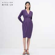 AtelierMissLu设计师品牌浓郁紫立裁垂褶V领长袖连衣裙