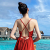 马尔代夫沙滩裙海边度假裙气质露背长裙红色吊带裙连衣裙长裙女夏