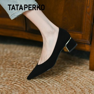 tataperko联名绒面中跟单鞋，女真皮尖头粗跟黑色ol通勤高跟鞋