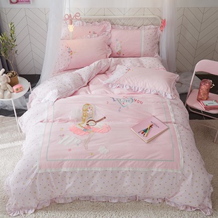 儿童全棉床单四件套小女孩纯棉卡通被套粉色公主风1.5m床笠三件套
