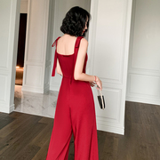 红色晚礼服2023宴会个性气质长款裤裙结婚敬酒服新娘平时可穿