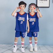 儿童篮球服套装76人3号艾弗森球衣，假2件短袖复古球服小学生比赛服