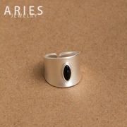 ariess925纯银哑光冷淡风宽版戒指，黑玛瑙白玉髓(白玉髓，)小众设计开口指环