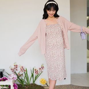 bellywear孕妇春夏套装时尚，两件套法式优雅樱花粉吊带裙开衫套装