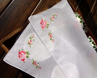 外贸复古80支高支纯棉手绣手帕手绢方巾盖巾手信约30CM ROSE玫瑰