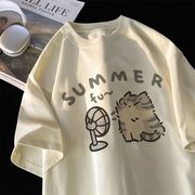 重磅纯棉卡通小猫印花短袖，t恤男女，宽松夏季ins休闲洋气半袖打底衫