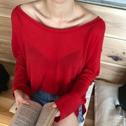 韩国东大门女装秋季时尚宽松大圆领薄微透长袖，恤上衣潮