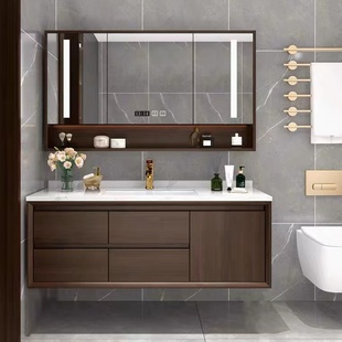 岩板美式中式陶瓷一体盆，浴室柜组合洗脸盆洗手台实木洗漱台卫生间