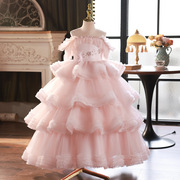 女童礼服时尚公主裙，2024儿童主持人钢琴演出服，粉红色夏季简约
