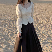 复古宫廷风法式气质长袖衬衫，女遮跨高腰，a字半身裙子春秋两件套装