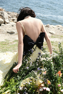 制造后花园*Shimmer系列独立设计淡黄立体提花格纹大蝴蝶结连衣裙
