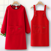 长袖围裙韩版红色做饭罩衣女，工作服时尚定制logo印字简约护衣