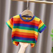 儿童时髦彩虹条纹短袖T恤男女童2024夏装3宝宝半袖上衣小童体恤衫