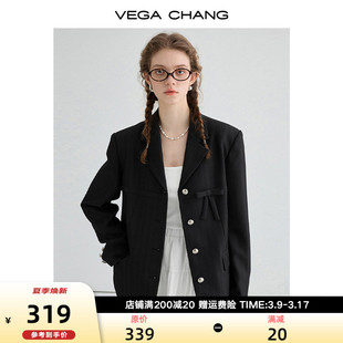 vegachang黑色小西装女2024年春季高级感暗纹蝴蝶结西服外套