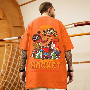 摩严美式橙色嘻哈加肥加大码，半袖街头潮牌220g重磅纯棉短袖t恤男