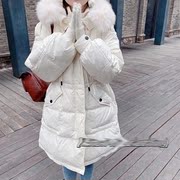 欧洲站2023冬季韩版中长款收腰狐狸毛领羽绒服女修身显痩保暖外套