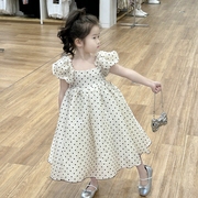 女童方领泡泡袖连衣裙夏装2024韩版时髦儿童植绒波点公主裙