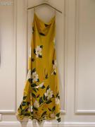 珍藏版高端真丝吊带花朵印花气质修身长款黄色连衣裙