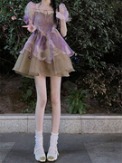 原版做法紫色蓬蓬裙连衣裙，夏季扎染碎花，泡泡袖公主裙仙女短裙