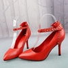 红色羊皮真皮时尚铆钉尖头细跟高跟女鞋子一字扣带浅口单鞋X46-3