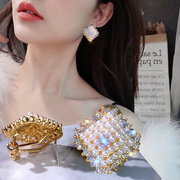 银针菱形珍珠镶钻耳钉简约女小巧时尚气质通勤耳环高级感个性耳饰