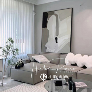 沙发后面的壁画客厅装饰画黑白，抽象轻奢高级感背景墙壁画落地挂画