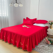 结婚纯棉床裙单件大红色全棉婚庆床上用品床罩高档刺绣防滑婚房用