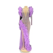 紫色钻石开衩单袖褶皱薄纱饰边婚纱新娘礼服长款舞会派对礼服聚会