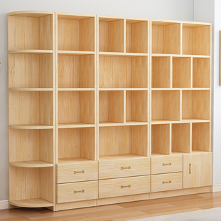 书柜一体到顶实木书架整墙落地家用原木，柜子储物柜松木转角置物柜