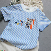 日系外贸可爱刺绣小熊纯棉短袖蓝色条纹T恤儿童男女宝宝夏季半袖