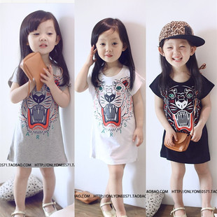女童2023夏装韩版儿童，宝宝卡通休闲短袖，连衣裙棉质老虎头裙子
