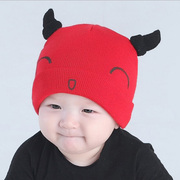 婴儿针织帽宝贝帽子0-1岁宝宝，毛线帽3月-7-8个月，秋冬保暖牛角造型