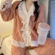 蕾丝花边公主风珊瑚绒睡衣女冬款加绒加厚家居服套装可外穿两件套