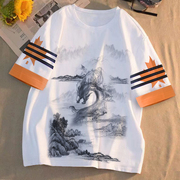 中国风水墨山水画T恤短袖男装风景画图案个性休闲宽松上衣印花潮t