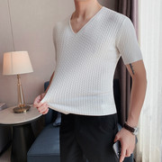 春季韩版修身男士V领针织短袖T恤时尚大弹力透气半袖体恤打底衫潮