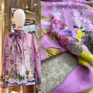 夏季紫色底循环定位花，真丝乔其纱布料，飘带衬衫纯桑蚕丝面料