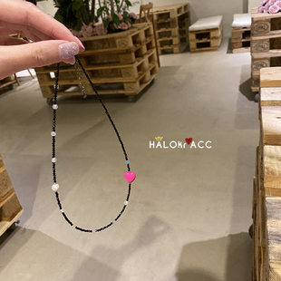 halokracc韩国东大门一颗玫，粉色爱心纯手工，水晶冰晶串珠项链