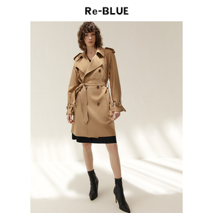 re-blue轻奢优雅女装气质知性纯色，绵羊毛混纺双排扣系带风衣外套