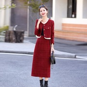 红色蕾丝花边小香风羽绒套装裙冬季气质高腰显瘦半身裙两件套