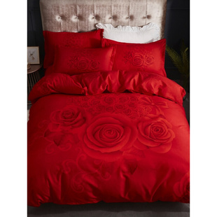 全棉结婚床上用品四件套大红色，婚庆被套粉色床单纯棉新房婚嫁