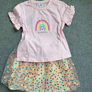 外单夏季女童套装波点彩虹亮片半身裙裙子+短袖上衣T恤两件套