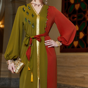 欧美中东时尚知性，女装军绿拼接橙红色v领连衣裙dresswomen